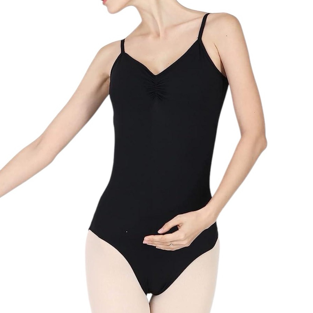 DANCE ELITE womens V front V back black dance ballet spaghetti strap leotard NWT
